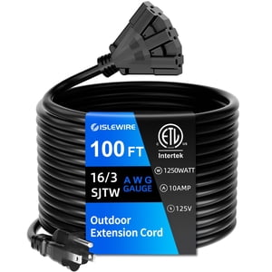islewire 100 FT 3 Outlet Outdoor Extension Cord Waterproof, 16/3 SJTW Black Extension Cord with Multiple Outlets, Heavy Duty 16 Gauge 3-Prong Grounde