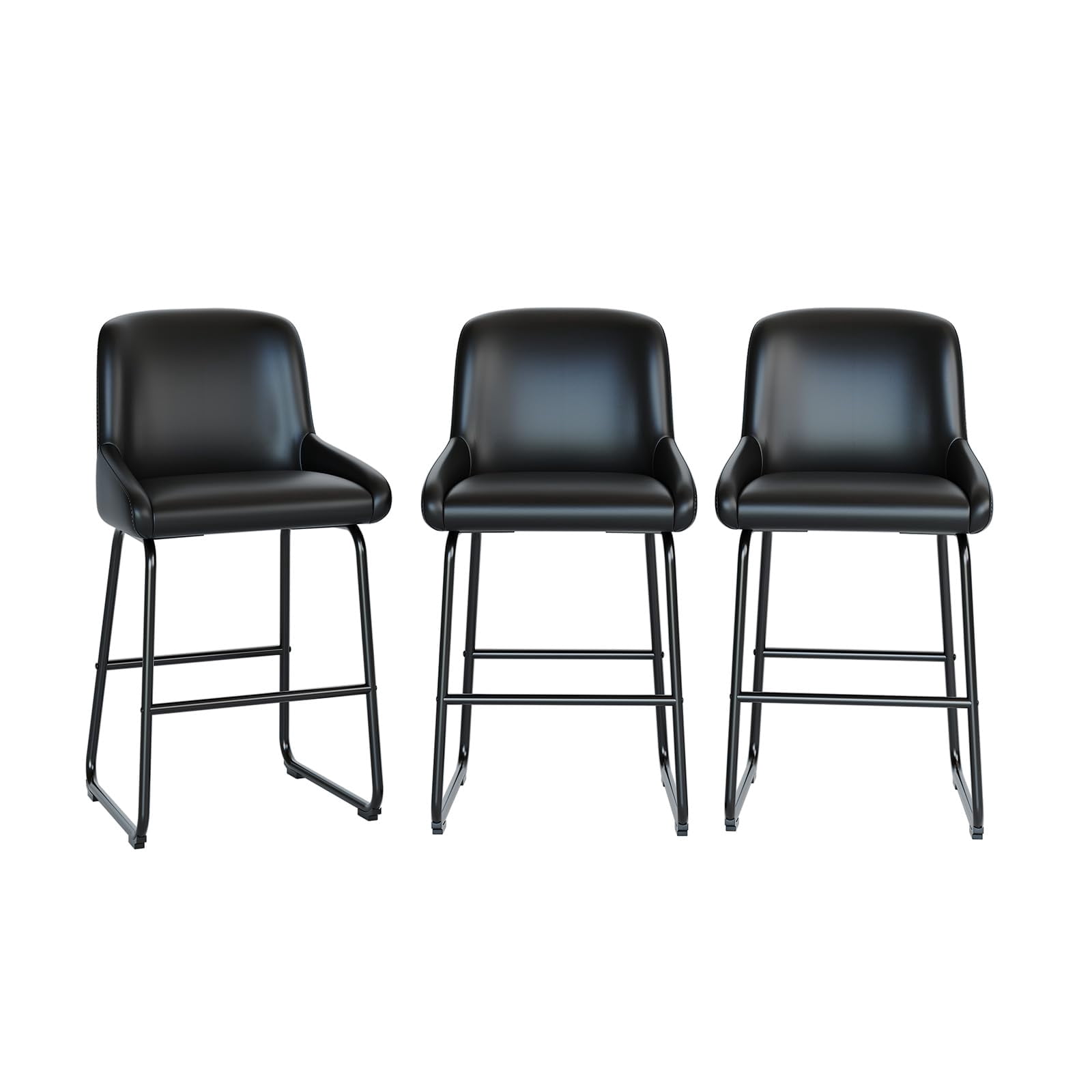 Bar Stools Set of 3, PU Leather Counter Height Barstools with Back and Footrest, Upholstered Bar Chairs for Dining Room Kitchen Island, Black