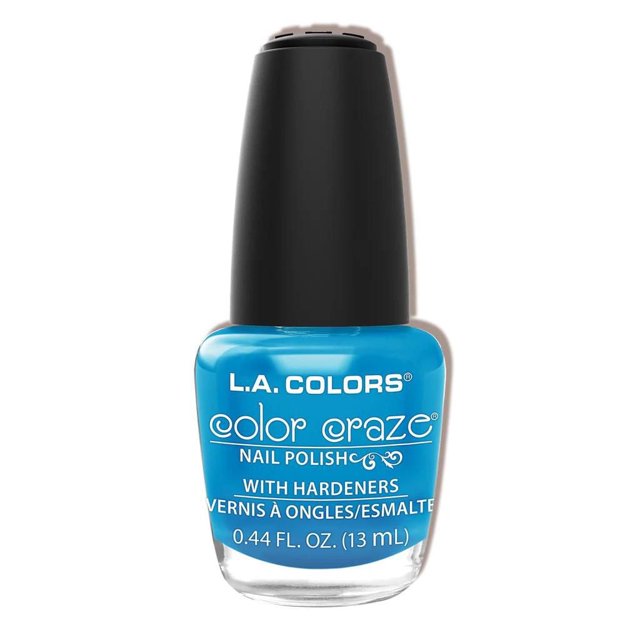 COLOR CRAZE NAIL POLISH - BLUE SKY by L.A. COLORS, a 13 mL bottle of vivid blue nail polish with hardeners, in a clear glass bottle with a black cap, designed to strengthen nails while providing bright, durable colour suitable for everyday or special occasions.