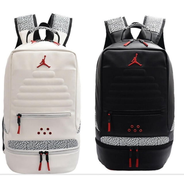 Air Jordan Backpack Sports Backpack School Bag Outdoor Travel Rucksack shown in two colour options: white and black. Both backpacks feature a red logo on the front, a zippered main compartment, and additional zippered pockets. The design includes patterned accents on the straps and bottom panel. Made of polyester, the backpack measures 50cm in height, 27cm in bottom length, 20cm in thickness, and has an 8cm hand strap. Suitable for unisex use and multiple purposes, including school, sports, and travel.