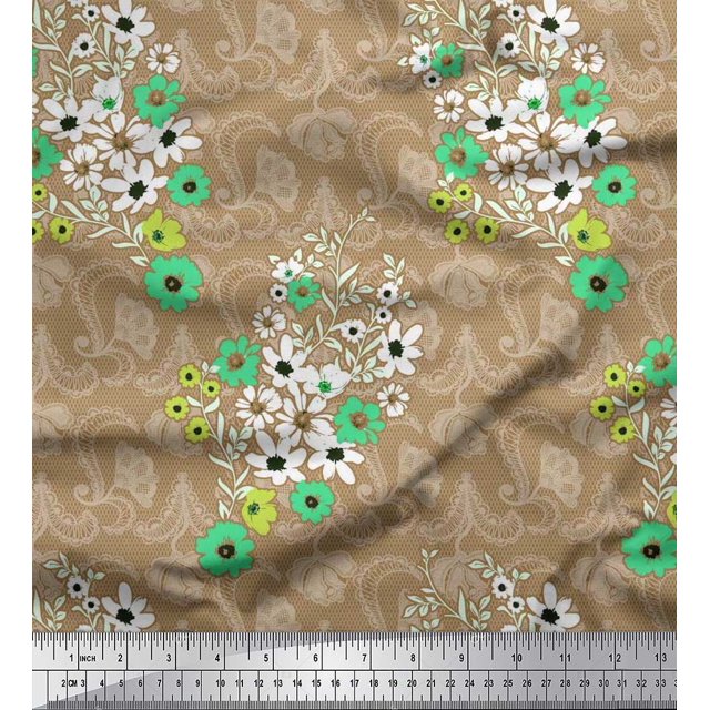 Soimoi polyester Crepe Fabric Check,Leaves & Cosmos Floral Print Fabric by the Yard 42 Inch Wide