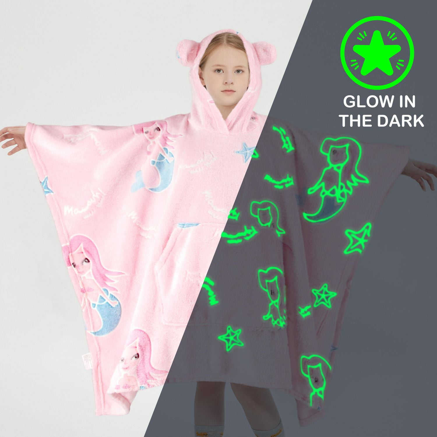 Sweat à capuche Marina Decoration phosphorescent pour enfants et filles, surdimensionné, en flanelle polaire douce et chaude, avec poche géante, 110 x 75 cm, rose sirène