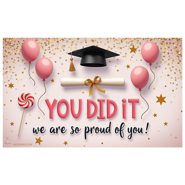 Graduation Cap Graduation Banner Diploma Achievement Banner Pink Balloons Lollipop Confetti Banner for Graduation Ceremony School Event Student Celebration