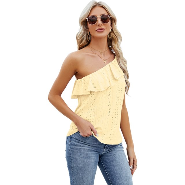 Zoeecloth Womens Tops Sleeveless Solid Color Round Neck Button Vest Tees Shirts Summer Casual Ruffled One Shoulder Vest Fashion Button Vest S-XXL