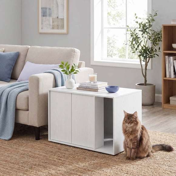 LEDREM Maison pour Chats, Snapsemble Assemblage Super Rapide, Enclos pour Litière de Chat pour Grands, Portes à Pousser pour Ouvrir, Blanc