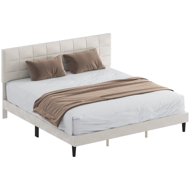 Cadre de Lit Très Grand HOMCOM avec Tête de Lit Rembourrée, Cadre de Lit Plateforme Crème, Vue Orientée vers l'Avant d'Un Lit Plateforme Très Grand Rembourré Crème avec Tête de Lit à Piquage Carré Effet Velours. Comprend 10 Lattes en Bois Épaissies et 14 Pieds de Soutien (Charge max 1102 lb / 500 kg), Liquidation sous le Lit de 10 Pouces (25,5 cm) et Convient à un Matelas de 76 x 80 Pouces (193 x 203 cm).
