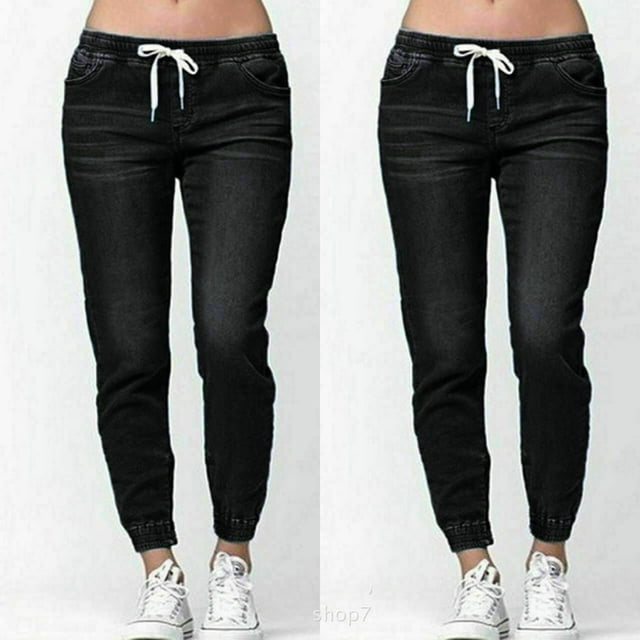 NEW Women‘s Casual Denim Jogger Pants Ladies Drawstring Elastic Waist Jeans