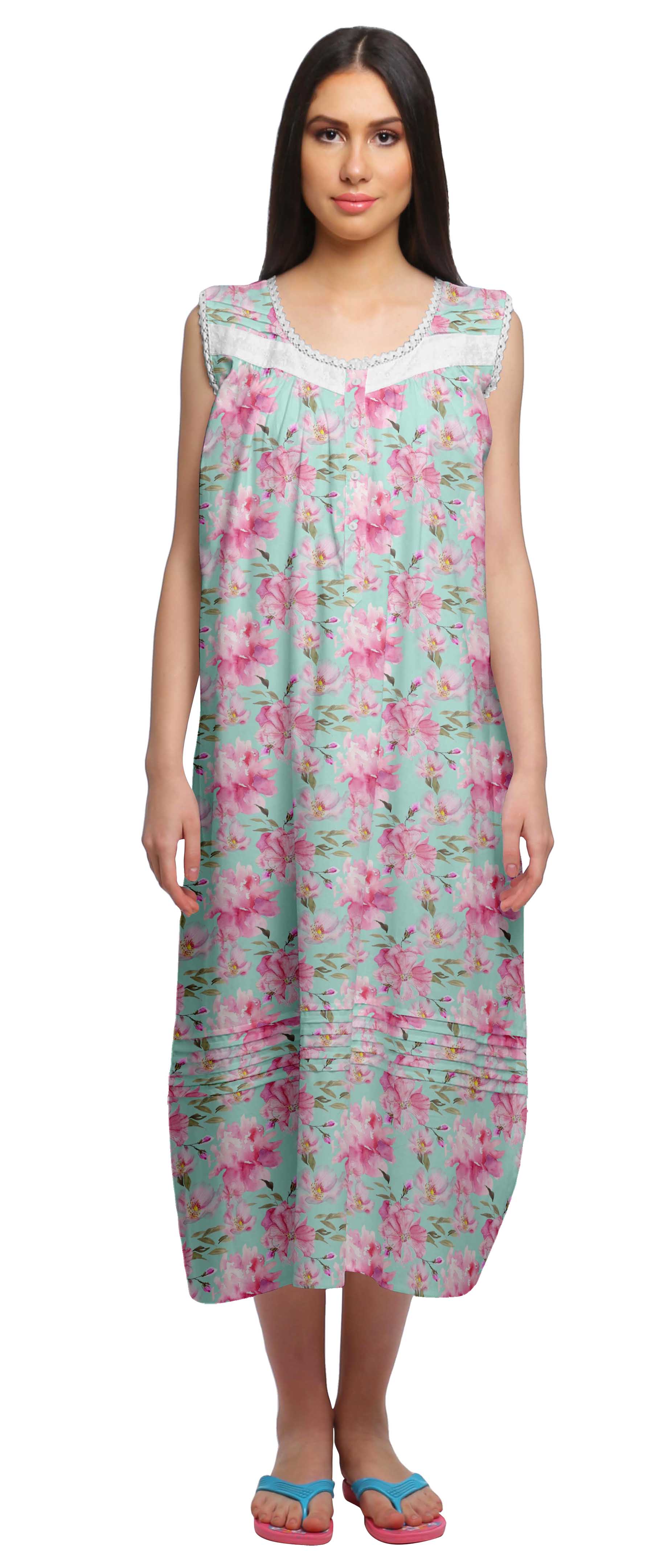 Moomaya Printed Womens Button Placket Mid Long Nightdress Cotton Night Gown