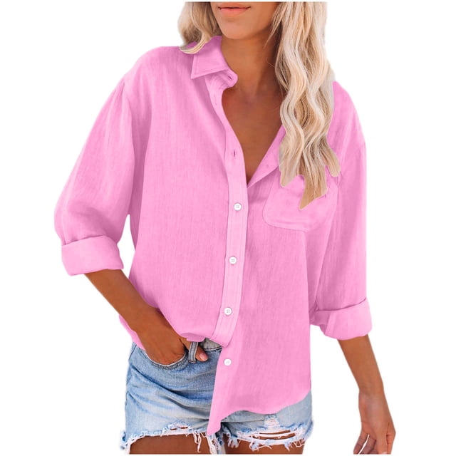 Besolor Women's Cotton Linen Button down Shirts Casual Lapel Long Sleeve Fall Spring Tops Loose Solid Color Blouse