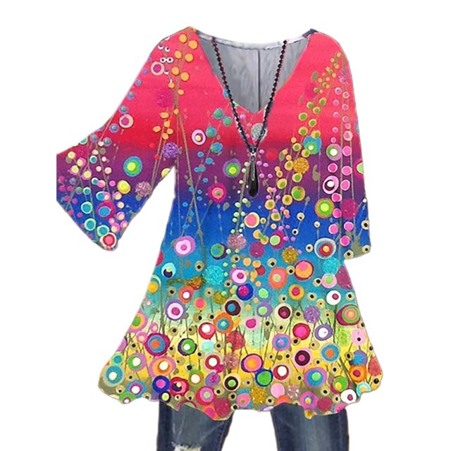 MAWCLOS Women Blouse V Neck Tops Ruched Tunic Shirt Elegant Beach Floral Print Pullover #7 S