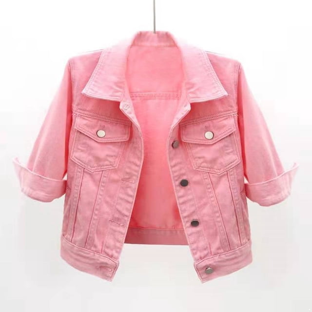 Aislor Veste en Denim Décontractée pour Femme, Boutonnée, Manches Mi-Longues, Manteau en Jean d'Automne, Hauts, Rose, 5TG