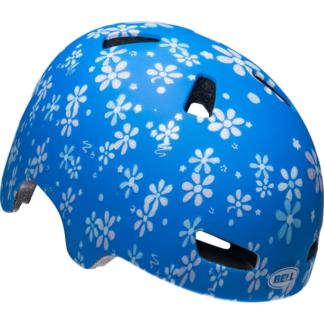 Bell Sports Ollie Multisport Youth Helmet Split Flowers in blue with white flower patterns, hard-shell construction with eight vents and side-squeeze buckle, fits head sizes 50-54 cm for kids aged 5-8, dual certified for bike and skate use, suitable for biking, skating, and scooting safety.