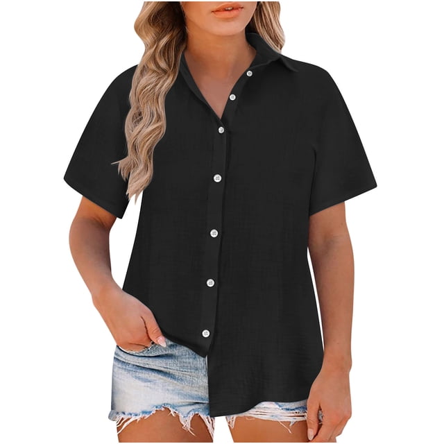 Timegard Womens Shirts Plus Size Cotton Linen Notched V-Neck Button down Short Sleeve Casual Loose Top