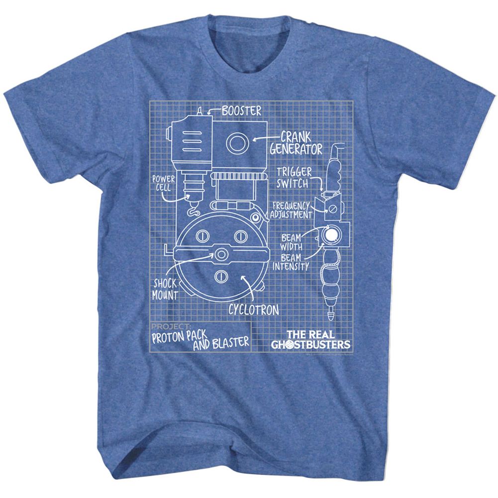 The Real Ghostbusters Blueprints Retro Royal Heather Adult T-Shirt Tee