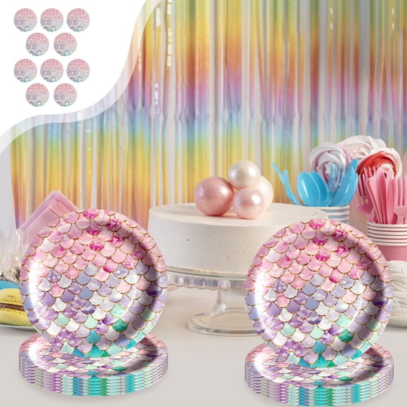 Décoration de Fête d'Anniversaire pour Filles Assiettes en Papier à Écailles Colorées Gobelets en Papier Papier de Soie Ensemble de Vaisselle de Table Thème de Fête Exquis Vaisselle Jetable