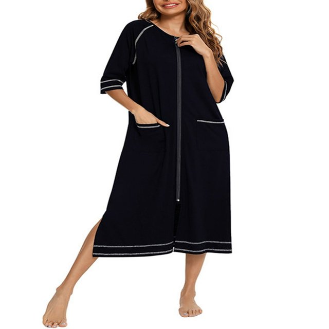 Robe Longue Fendue à Col Rond avec Fermeture Éclair pour Femmes Manches Courtes