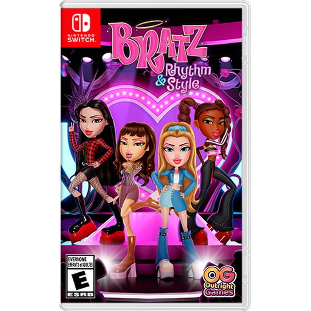 Bratz Rythme et Style Nintendo Switch Couverture de Jeu Mettant en Vedette Quatre Personnages Féminins en Tenues de Mode Colorées Poses sur une Scène Éclairée au Néon avec des Lumières en Forme de Cœur Violettes et Roses, Mettant en Valeur des Éléments de Mode, de Piste et de Jeu Rythmique.