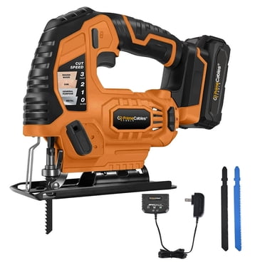 Scie Jig Sans Fil 20V à Vitesse Maximale Variable, Scie Polyvalente à Puissance de Coupe avec Batterie 2,0ah pour Coupe Bois/acier/métal, Lumière DEL Intégrée, Coupes Biseautées 45° et 4 Mouvements Orbitaux