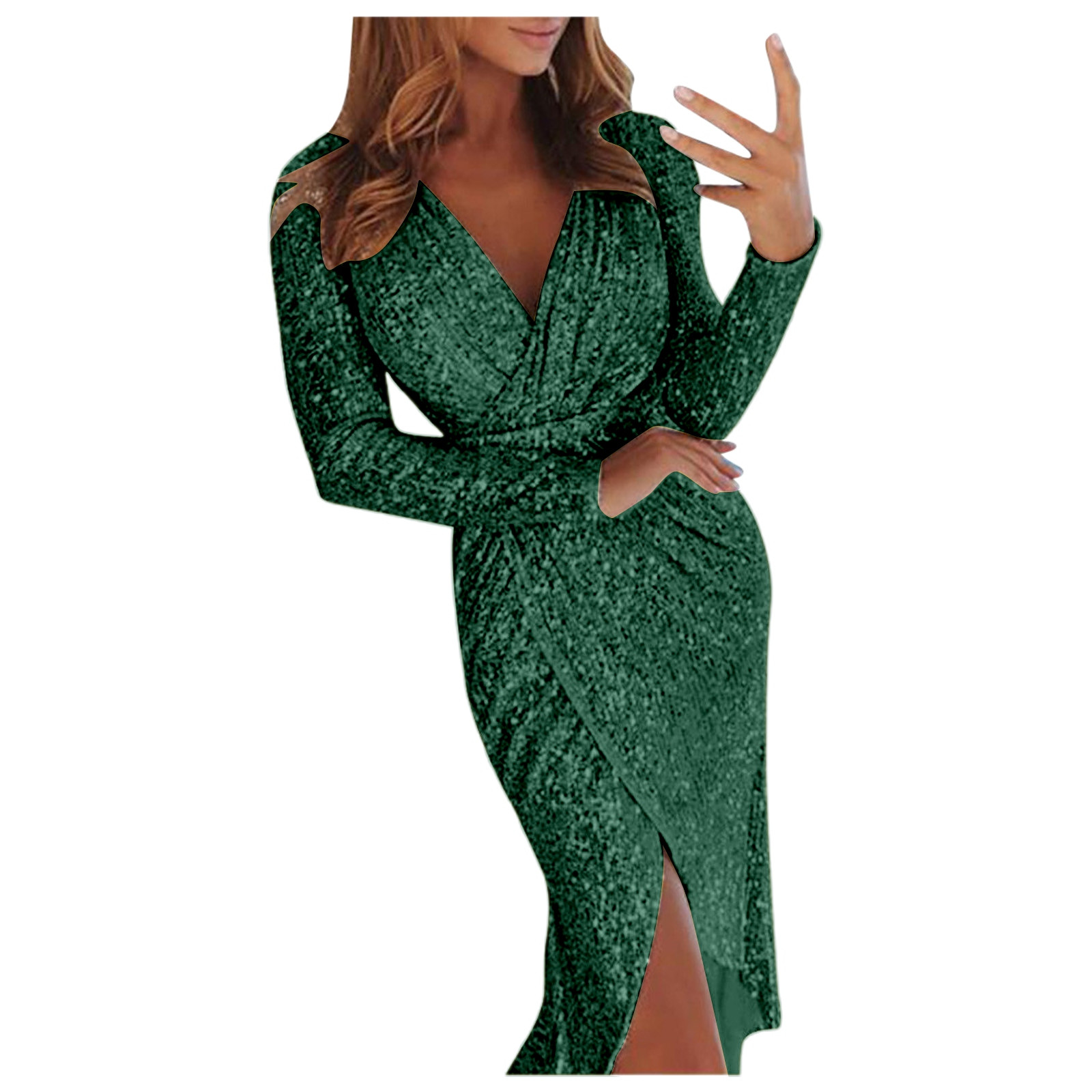 TSADFHJI Jupe Maxi en Tricot pour Femme à Col en V à Manches Longues Robe de Soirée S Vert