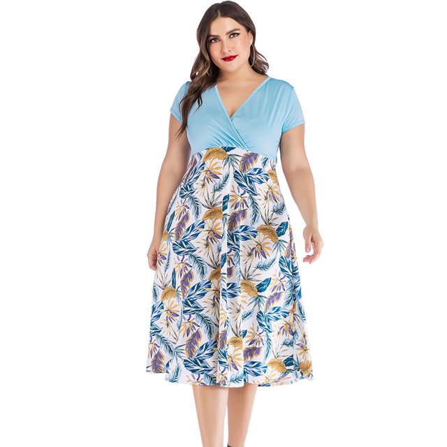 EQWLJWE Robes pour Femmes Été Tunique Décontractée Grande Taille Imprimé Col en V Manches Courtes Longueur Genou Jupe Robe-Chemise Robe d'Été Plage
