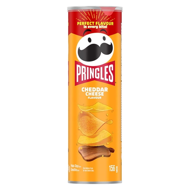 Pringles Cheddar Cheese Flavour Potato Chips 156 g in a resealable cylindrical can with an orange and red label featuring the Pringles logo with a mustached face, cheddar cheese flavour text, and three floating potato chips above a wooden board, suitable for fresh snacking.
