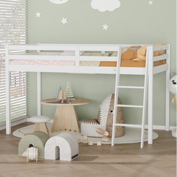 Ktaxon Full Size Junior Low Loft Bed with Stairs, White Wood Bunk Bed Frame for Adults, Kids and Young Teens, No Box Spring Required, White