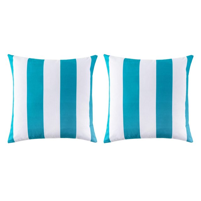 Pair of 18-inch outdoor square cushions featuring aqua and white vertical stripes for patio or garden seating.
