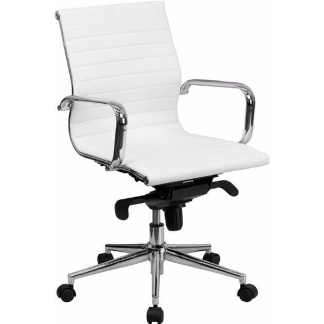 Nicer Furniture Ribbed Pu Leather with Wheels Modern Style Low Back Chair with white ribbed PU leather upholstery, chrome metal arms and base, five caster wheels, built-in lumbar support, and knee-tilt locking mechanism suitable for office desk seating.