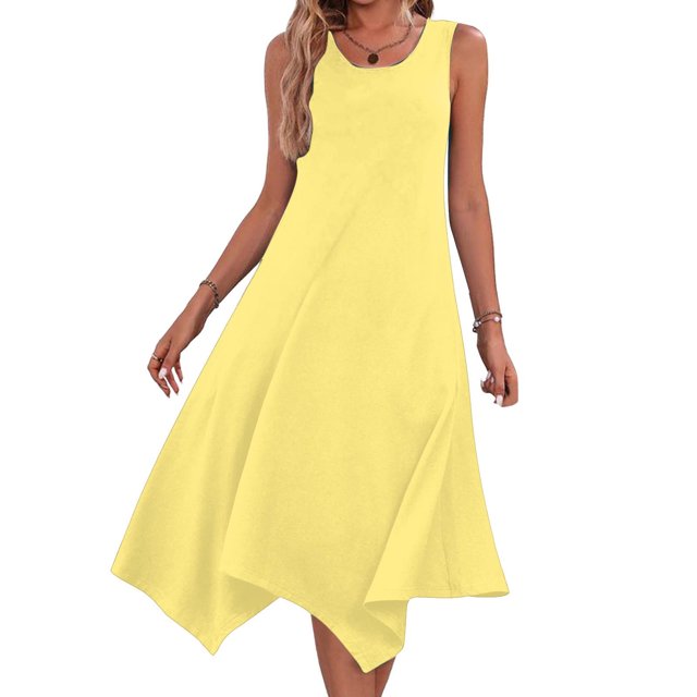 Gspmoly Robes d'Été pour Femmes 2025, Robes pour Femmes Sans Manches à Col Rond avec Cordon, Décontractées, à Volants, Ligne A, Mini-Robe, Robes de Vacances pour Femmes Économies d'Été