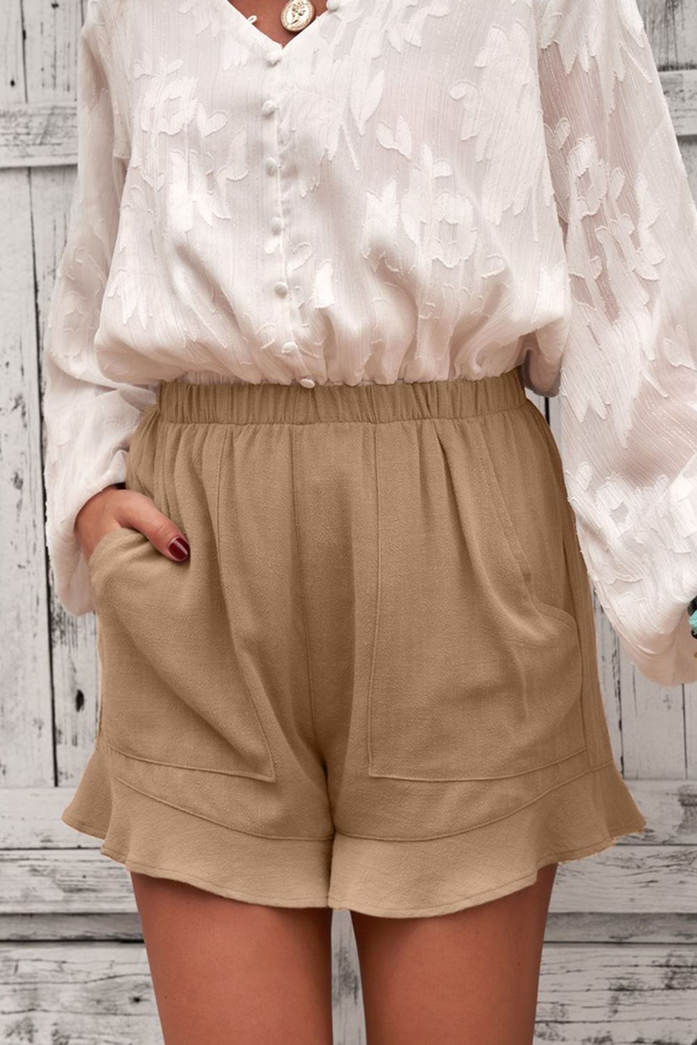 Women's Khaki Linen Cotton Pocketed Flutter Shorts