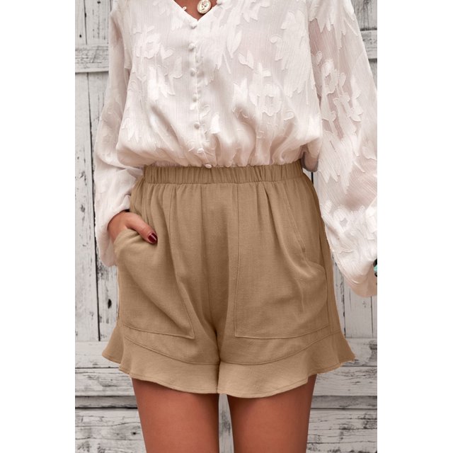 Women's Khaki Linen Cotton Pocketed Flutter Shorts