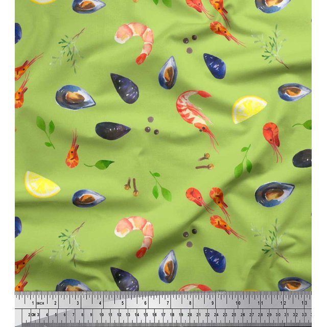 Soimoi Poly Georgette Fabric Gemstone,Lemon Slice & Prawns Food Print Fabric by the Yard 52 Inch Wide