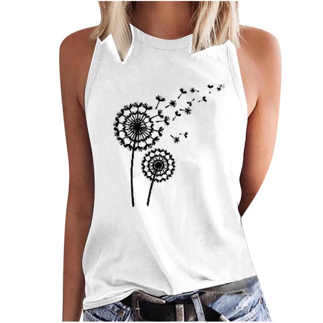 PVCS Women Dandelions Print Tank Fit O-Neck Sleeveless Block Shirts Tunic Tee Tops