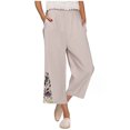 thumbnail image 2 of Womens Wide Leg Cropped Pants Cotton Linen Elastic High Waisted Palazzo Pants with Pockets Beige, 2 of 7