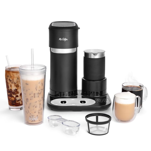 Mr. Coffee 4-in-1 Single-Serve Latte, Iced, and Hot Coffee Maker with Milk Frother in matte black, featuring a compact dual-chamber design with built-in frother and control buttons, reusable coffee filter, dual-sided scoop, 22 oz reusable tumbler, and four coffee drinks including iced coffee, iced latte, hot black coffee, and frothy cappuccino.