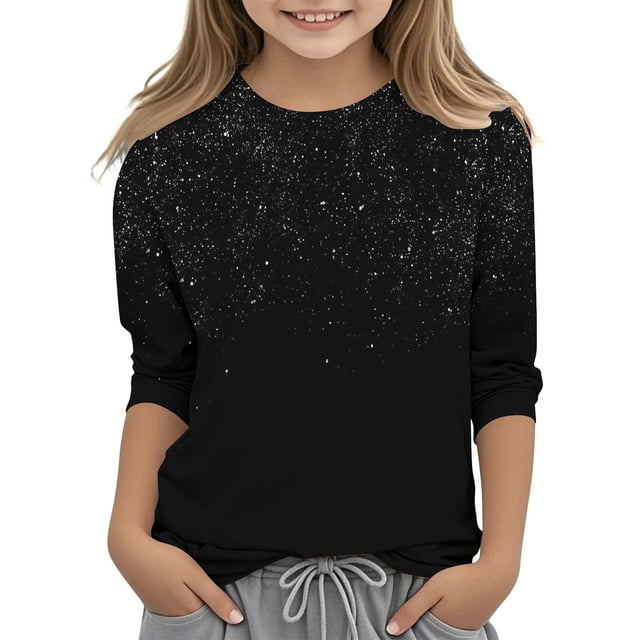 Posijego Garçons Filles T-Shirt à Manches 3/4 Imprimé Col Rond T-Shirts d'Été Hauts Décontractés pour Enfants