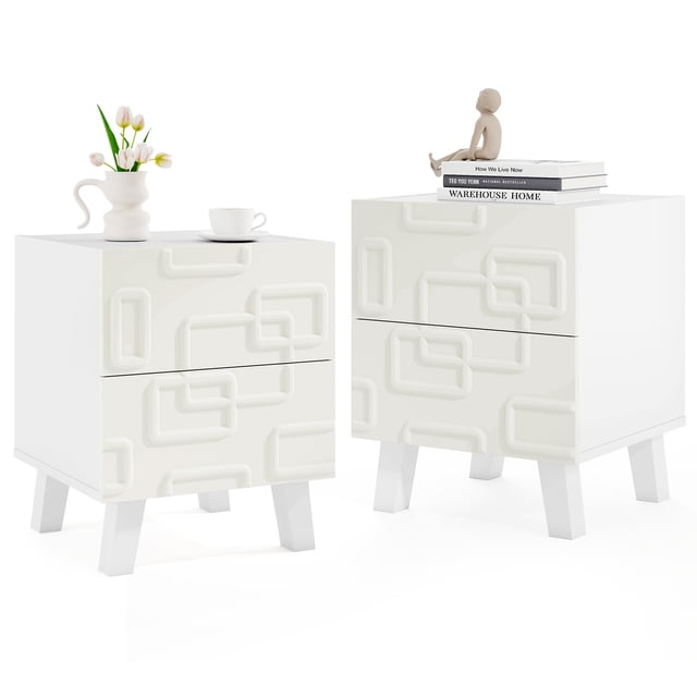 Gymax Table de Chevet Moderne Mi-Siècle 2 Pcs avec 2 Tiroirs de Rangement Motifs Géométriques 3D