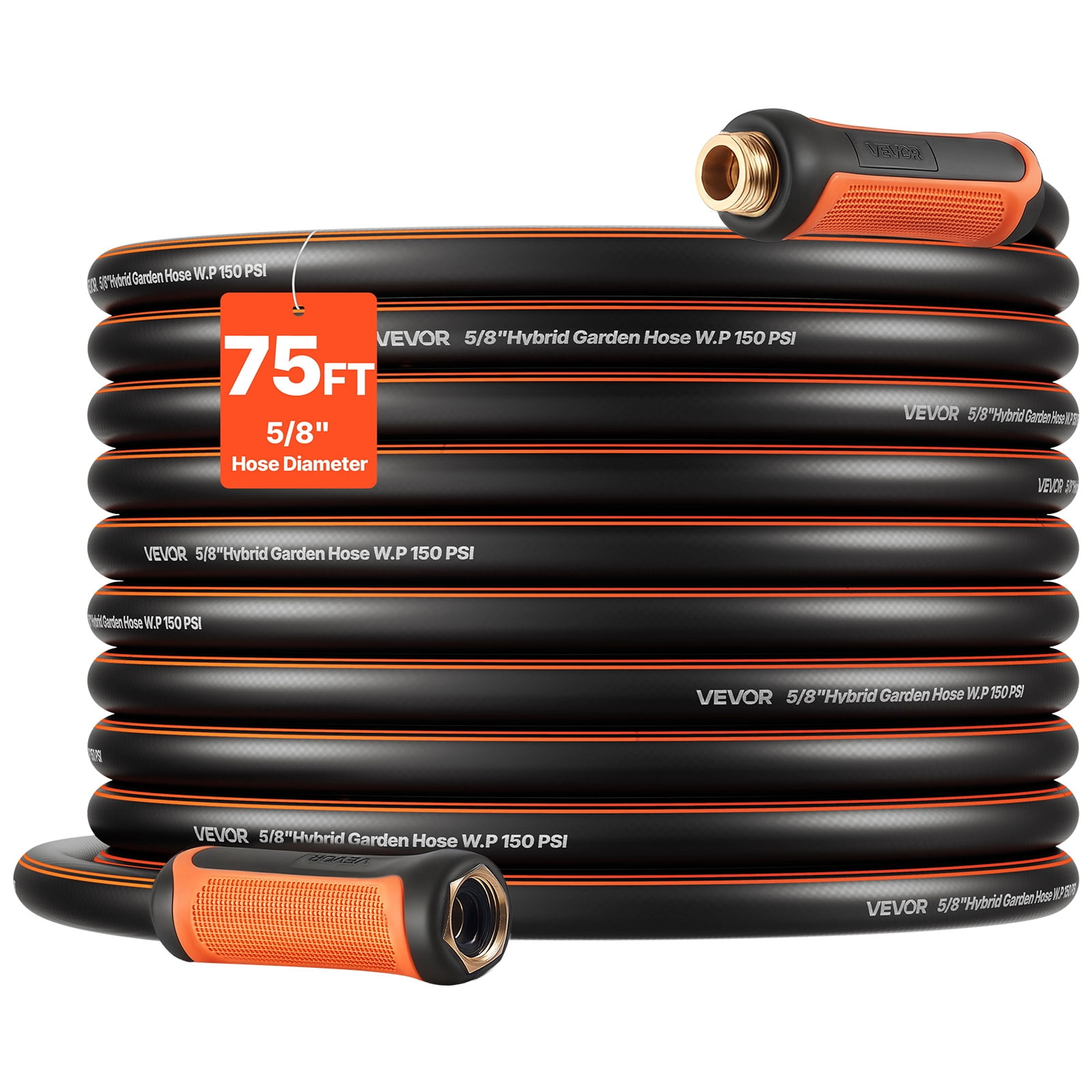 VEVOR Garden Hose, 75 ft 5/8" Heavy Duty 4-Layer Rubber Water Hose, 150PSI Working & 600PSI Burst, Flexible & Non-kink Outdoor Waterhose