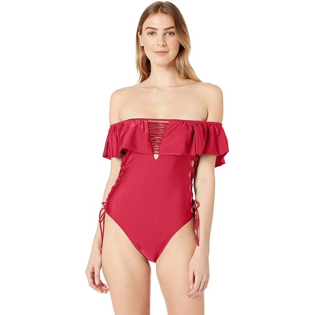 YDX Women's Swimwear Flounce Off Shoulder One Piece Ruffles Bathing Suit, Shimmery red, Large