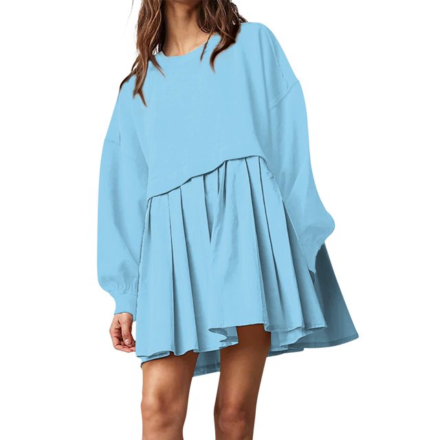 Womens Oversized Sweatshirt Dress Long Flowy Patchwork Pullover Tops Cute Drop Shoulder Sweatshirts Fall Long Sleeve Mini Dress Teen Girls Crewneck Solid Tunic Pleated Loose Clothing Beig