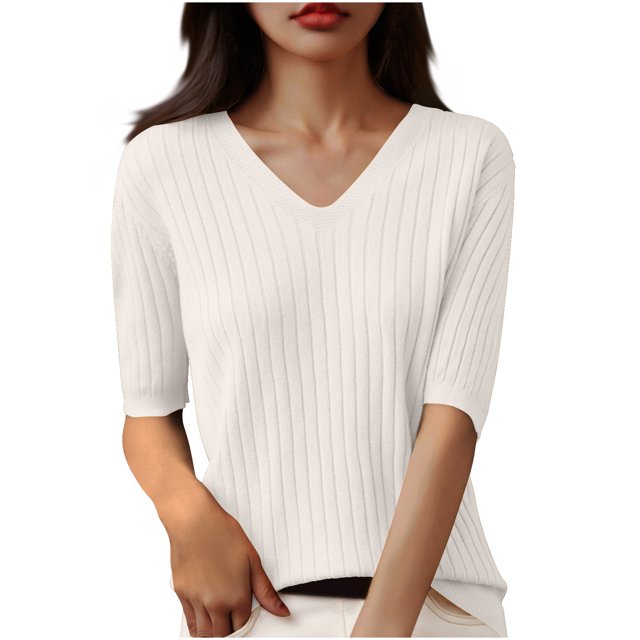 Womens Short Sleeve V Neck T Shirt 2025 Summer Ribbed Knit Slim Fit Basic Solid Color Tee Tops Fashion Clothes
