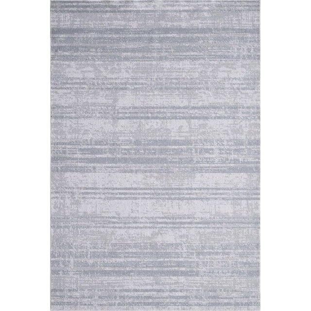 Rug Ease Alba Light Grey machine washable area rug with woven polyester fibers in light grey showing a subtle horizontal linear pattern, 4mm pile height, and cotton backing designed for durability in high traffic areas with children and pets, also suitable as a stylish accent rug.