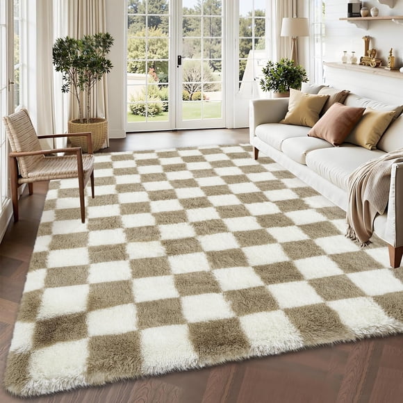 Checkered Rug 8x10 for Living Room, Modern Plush Shag Carpet Washable Non-Slip Large Area Rug Ultra Soft Indoor Fluffy Floor Rug for Bedroom Home Aesthetic Decor, Taupe and White