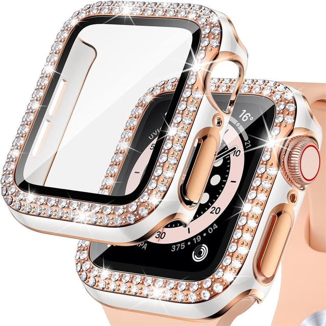 LEIXIUER for Apple Watch case 45mm with Tempered Glass Screen Protector for iwatch Series 7, Bling Crystal Diamond Rhinestone Bumper Full Cover Protective Case Women Girls 45mm