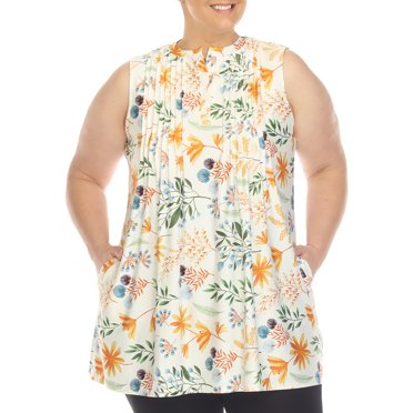 White Mark Women's Sleeveless Floral Pleated Tunic Top with Pockets