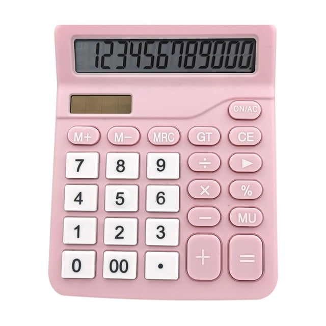 Desk Calculator Large Display Calculator Dual-Power Handheld Desk Calculator with 12 Digit Large LCD Display for Students & Kids. The calculator features a pink rubber plastic body with a large 12-digit LCD screen and dual-power functionality, utilizing both solar and battery power. It includes large, sensitive buttons for easy input and supports basic functions like addition, subtraction, multiplication, division, and percentage calculations. Suitable for home, office, or school use.
