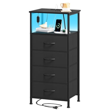 Eunos Commo Noire pour Chambre à Coucher, Table de Chevet à 4 Tiroirs avec Station de Recharge, Éclairage DEL et Tablette Ouverte