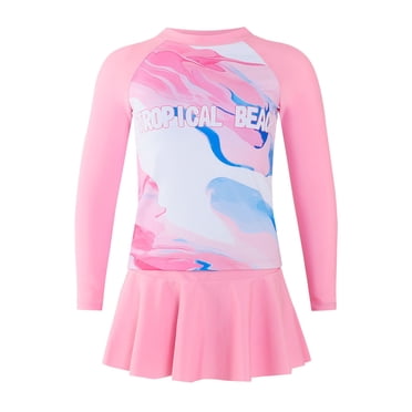 Sunnyoo Big Girls 2-Piece Swimsuit Long Sleeve Rash Guard Skirt Bathing Suit, Sizes 7-14