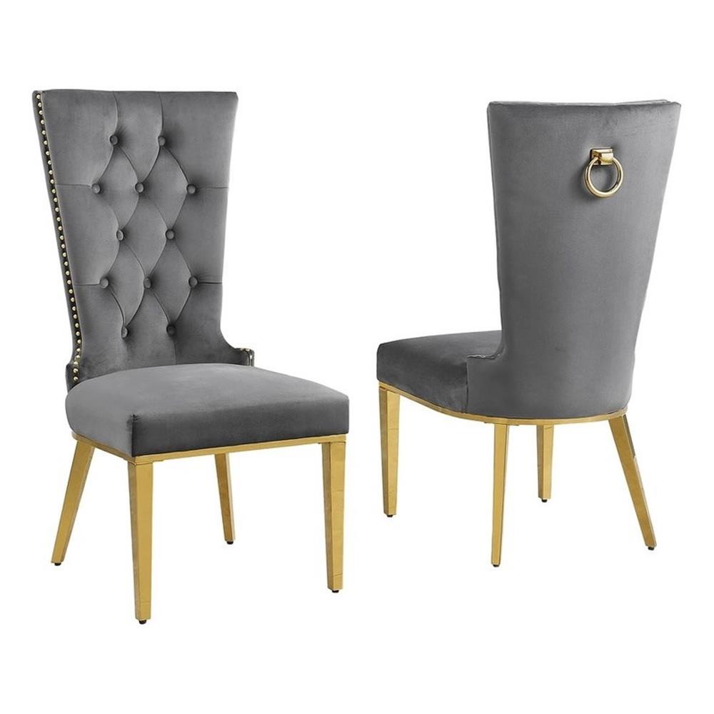 Chaises Latérales Rembourrées en Velours Gris Foncé avec Acier Inoxydable Doré, Ensemble de 2