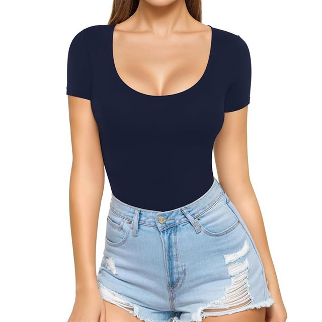 Dealovy Going out Tops for Women Short Sleeve Scoop Neck Tshirts Slim Fitted Soft Solid Color Comfy Basic Tees